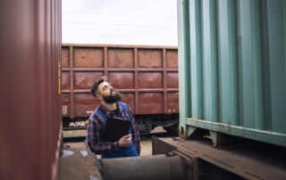 supervisor de trabajador ferroviario inspeccionando contenedor de carga de envio en la estacion de tren de carga